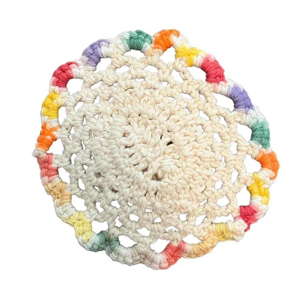 Vintage Hand Crochet Pot Dish Cloth Rainbow Hook for Hanging 5.5”